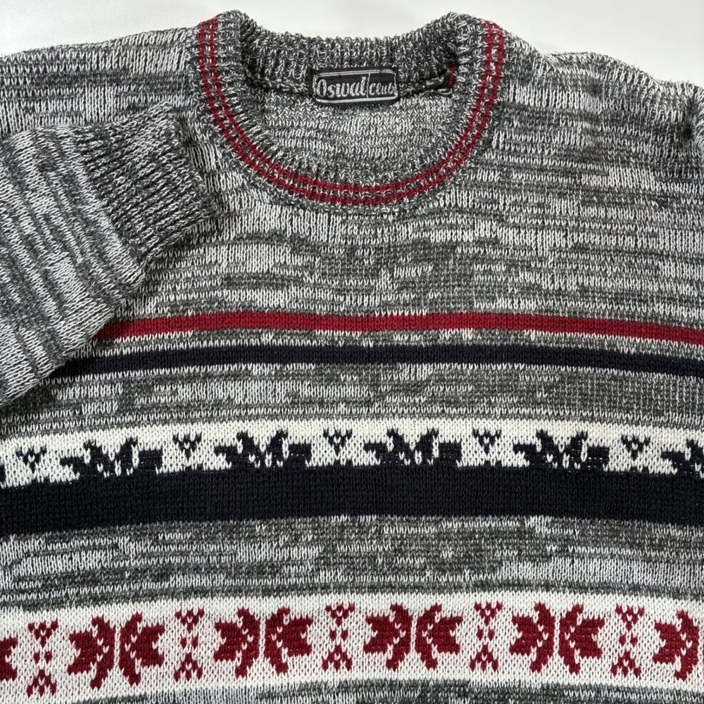 Vintage Oswal Crew Sweater Small Gray Nordic Fair Isle Knit Pullover 90s Y2K